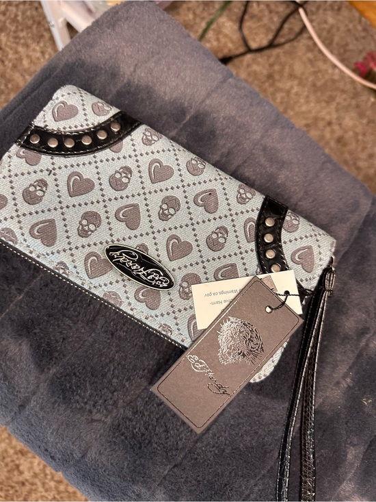 Ed Hardy Handbags - Ed Hardy Light Blue Heart & Skull Wristlet Clutch with Black Trim